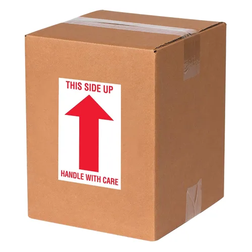 Vista 2 de Aviditi Tape Logic - Calcomanía de flecha de advertencia roja y blanca con texto en inglés "This Side Up Handle with Care", para envío