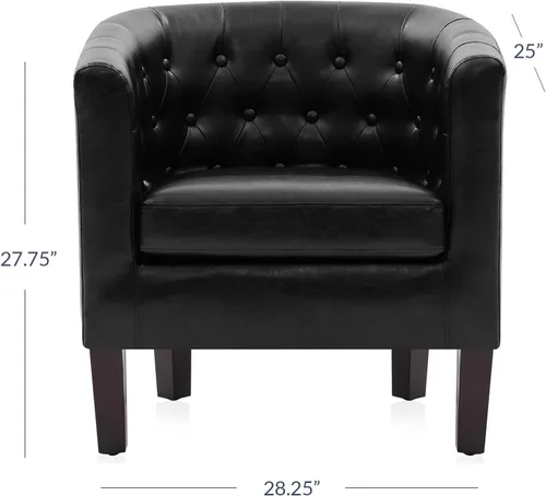 Vista 2 de BELLEZE Sillas de acento negras para sala de estar, elegante silla de brazo tapizada con respaldo capitoné en forma de barril, silla de club