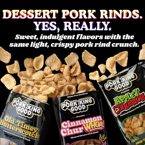 Vista 3 de Pork King Good Appley Cinnamon - Cortezas de cerdo con sabor a postre de 3 onzas (paquete de 4) dulces y salados, aperitivos sin gluten