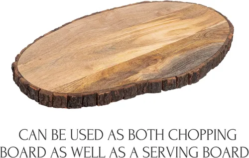 Vista 5 de GoCraft Tabla de cortar ovalada de madera con borde de corteza de árbol Tabla de cortar de madera de mango con borde vivo, preparación y servir