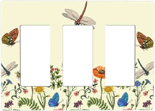 Vista 64 de Placa de Pared en Blanco de 1-Gang Sin Dispositivo Beige Lindo Vintage Boho de los 70s Hongo Fungus Planta Floral Botánica Libélula Interruptor