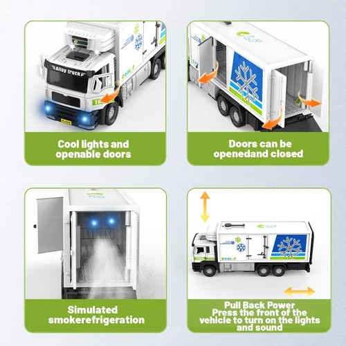 Vista 3 de Vehículo de transporte refrigerado fundido a presión 1:50, enfriamiento de niebla simulada, accesorios de mariscos, puerta de automóvil que se puede