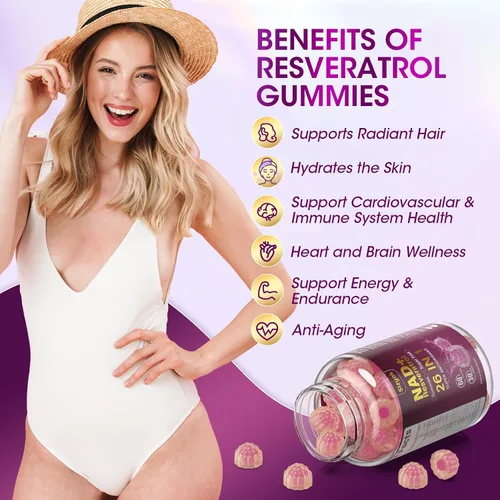 Vista 4 de Gomitas de Resveratrol NAD, Suplementos NAD para Mujeres con Colágeno Hidrolizado, Semilla de Uva y D-Biotina que Apoyan la Acción Antioxidante