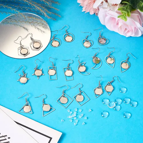 Vista 6 de FASHEWELRY 20 piezas bandejas de bisel de acero inoxidable para aretes geométricos configuración de bisel en blanco corazón luna redondos aretes