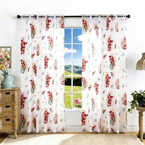 Vista 23 de youleyar - Cortinas florales transparentes para sala de estar, 54 pulgadas Cortina semitransparente blanca con estampado de flores/mariposas