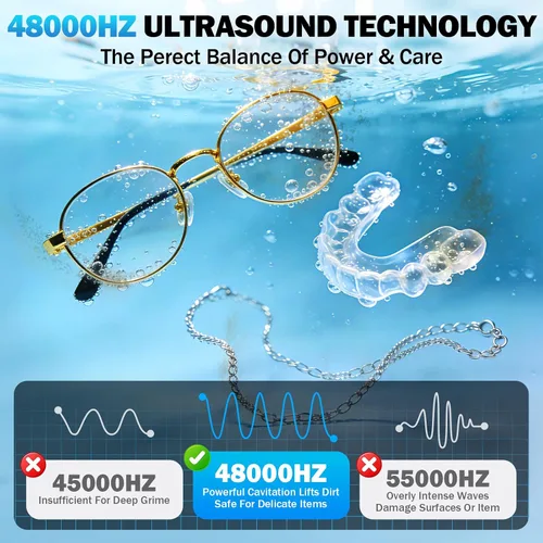 Vista 4 de Limpiador ultrasónico, limpiador de joyas de 48 KHz, 13.5 fl oz, limpiador ultrasónico de retención para gafas, anillos, correa de reloj, collar