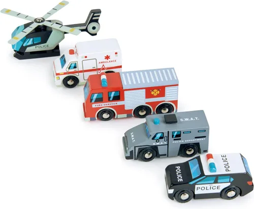 Vista 3 de Tender Leaf Toys - Vehículos de emergencia - 5 vehículos de rescate de madera con piezas móviles para niños y niñas - Gran regalo para los amantes