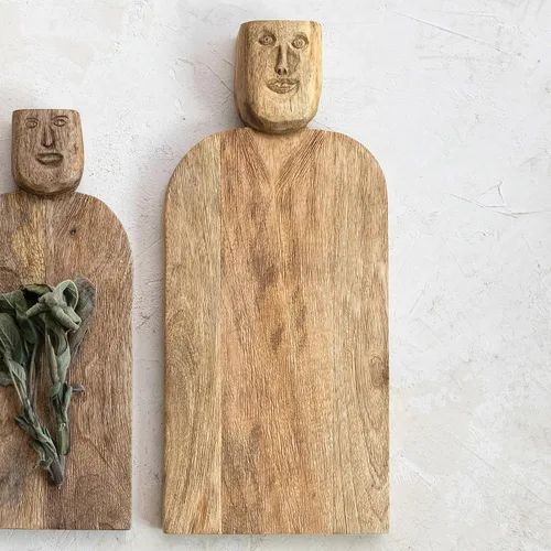 Vista 2 de Cortadora de queso de madera de mango tallada a mano grande y tabla de cortar con diseño de mango facial y acabado peinado, natural