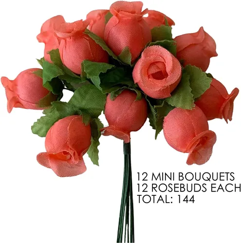 Vista 3 de GiftWrap Etc. Rosas artificiales de seda coral – 12 mini ramos de 12 capullos de rosa, 144 capullos de rosa en total, boda, recepción, aniversario
