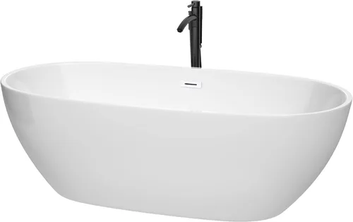 Vista 11 de Juno - Bañera independiente de 71 pulgadas, color blanco con drenaje negro mate y ribete de desbordamiento Blanco con borde negro mate.