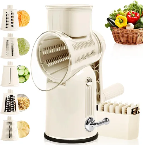 Vista 11 de Rallador rotativo de queso con asa, triturador de verduras con 5 cuchillas reemplazables y base de succión fuerte, rebanador redondo de alimentos