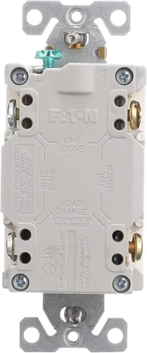 Vista 4 de Eaton GFCI - Receptáculo facial en blanco de autocomprobación 20A -125V con placa de pared de tamaño estándar, almendra clara