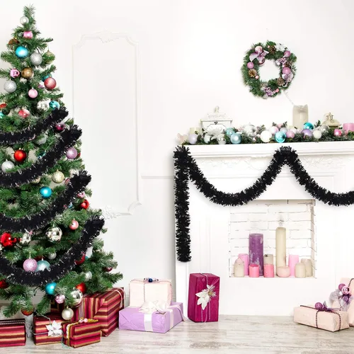 Vista 6 de Guirnalda de Oropel de Navidad de 26.2 pies Negra de Halloween Guirnalda Metálica para Árbol Decoraciones Colgantes de Oropel con Brillantina