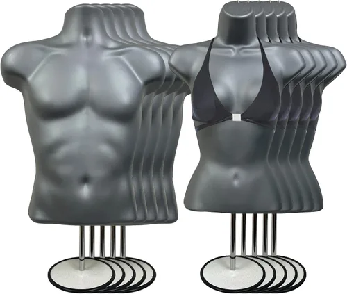 Vista 28 de Maniquí de torso masculino y femenino con soporte de metal, cuerpo con respaldo hueco, apilable, forma de vestido para exhibición de camisetas Negro