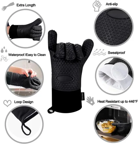Vista 2 de Comsmart Guantes para barbacoa, guantes de silicona resistentes al calor para parrilla, manoplas de horno de cocina impermeables y largas con capa