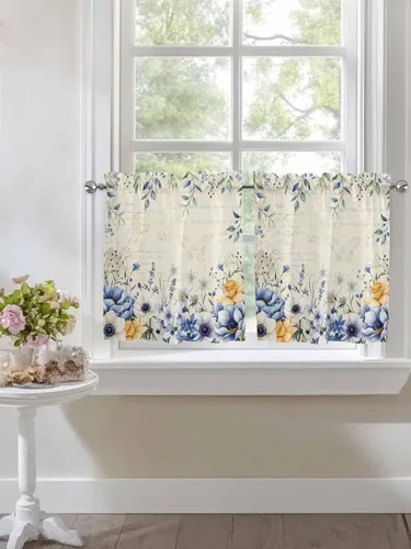 Vista 4 de Cortinas florales azules de primavera de 24 pulgadas de largo, 2 paneles, paneles de cortina con bolsillo para barra, flores botánicas de verano