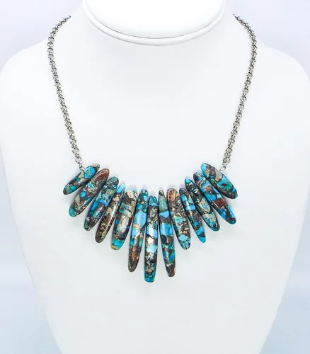 Vista 2 de Cynthia Lynn "SUNLIGHT MESA" Blue and Brown Calsilica Beaded Rhodium Silver Bib Cleopatra Necklace