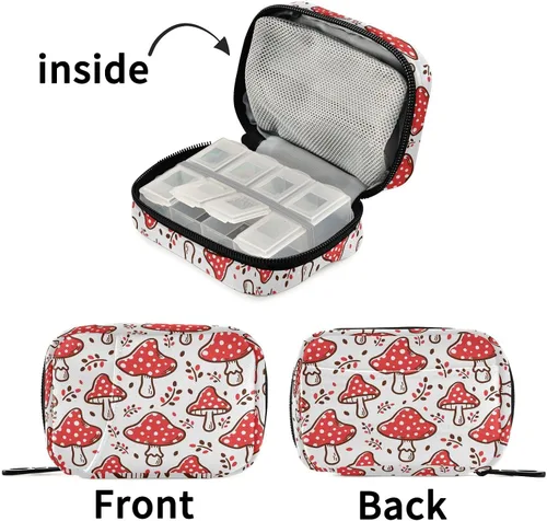 Vista 5 de Fustylead Organizador estético de píldoras de hongos rojos Amanita, bolsa de viaje, pequeño estuche portátil para píldoras para vitaminas y aceite