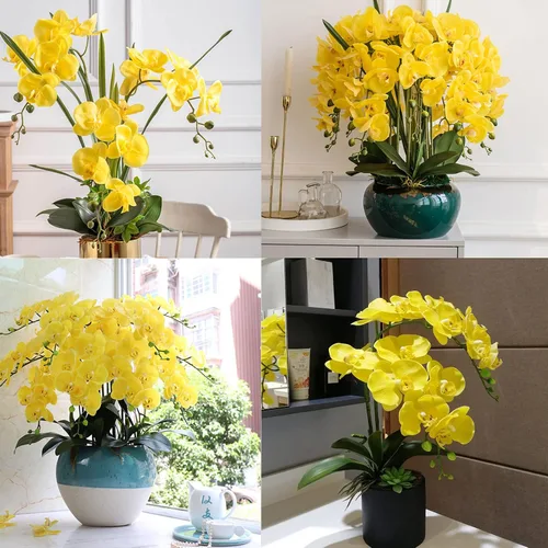 Vista 7 de FagusHome Phalaenopsis - 6 flores artificiales de orquídeas artificiales de 32 pulgadas, flores falsas para decoración del hogar (amarillo)
