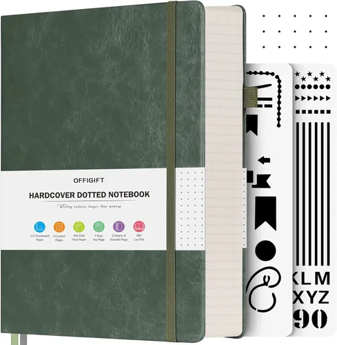 Vista 8 de Diario de viñetas punteadas, diario grande de cuero de tapa dura A4, diario grueso de 312 páginas numeradas, cuaderno con cuadrícula de puntos