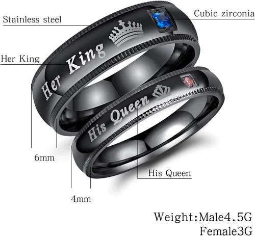 Vista 5 de Conjunto de 2 anillos negros de acero inoxidable para parejas, de compromiso, de boda, frase en inglés His Queen y Her King