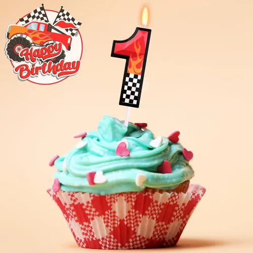 Vista 3 de Vela de cumpleaños número 1 de coches de carreras, decoraciones