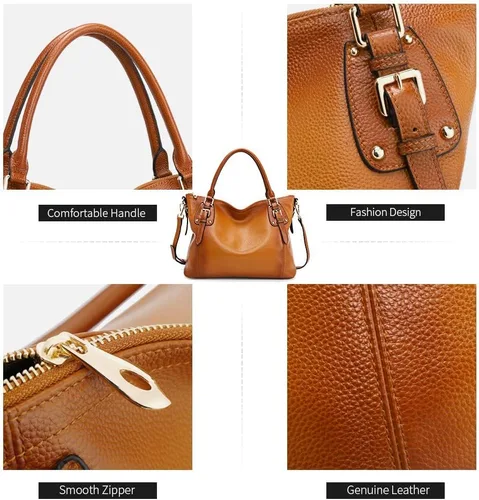 Vista 5 de Kattee Bolsos de cuero genuino Bolso de hombro para mujer, bolso de diseñador con asas superiores, bolso cruzado de gran capacidad