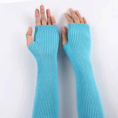 Vista 15 de Facecozy Calentadores de brazos para mujer, mezcla de lana de cachemira, guantes largos sin dedos para mujer, guantes para clima frío con agujero