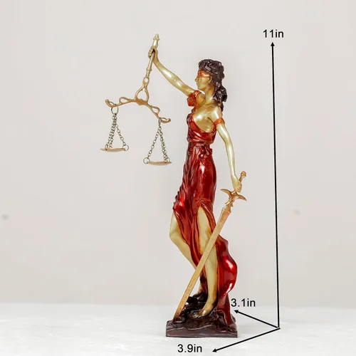 Vista 2 de Estatua de bronce ciega de la justicia, figura de justicia Themis de 11 pulgadas (rojo)