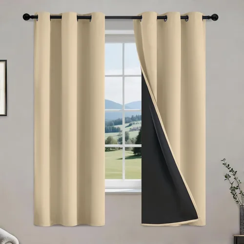 Vista 47 de COSVIYA Cortinas opacas 100% beige Biscotti para dormitorio, juego de 2 paneles de 63 pulgadas de largo, bloqueo de luz completa, aislamiento