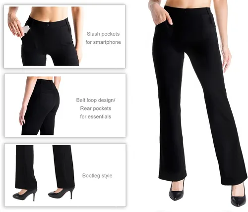 Vista 4 de Yogipace Pantalón de yoga y de vestir, para mujer, pantalón con corte de bota y con trabillas para cinturón, en tallas petiteregulartall