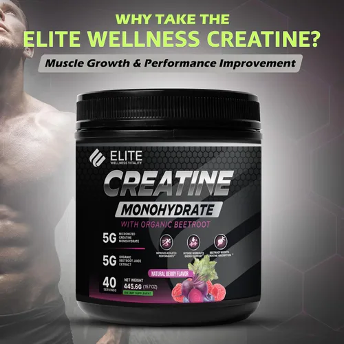 Vista 3 de Elite Wellness - Monohidrato de creatina con sabor a bayas con suplemento orgánico de remolacha, apoya la fuerza muscular, la resistencia