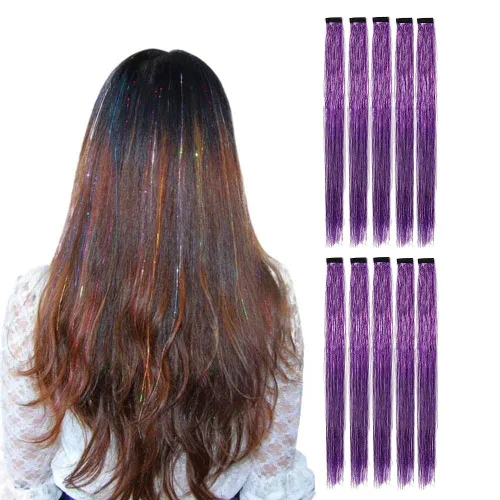 Vista 7 de 10 unids/set de extensiones de pelo de oropel con clip, multicolores con purpurina, mechones de pelo de hadas para mujeres bronce