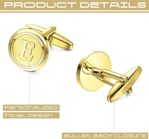 Vista 3 de LOYALLOOK Gemelos de oro con inicial para hombre, gemelos de cobre personalizados, gemelos de letra, regalo para novio, marido, padre, novio