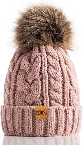 Vista 32 de Redess Gorro de invierno con pompón y forro polar cálido, grueso y holgado, tejido, para la nieve, para esquiar, para mujer Beige