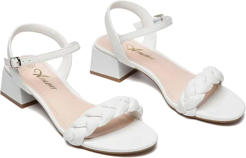 Vista 4 de Athlefit Sandalias trenzadas de tacón bajo para mujer, puntera abierta, correa en el tobillo, tacón grueso, zapatos de tacón grueso para vestir