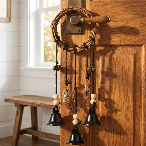 Vista 5 de Campanas de bruja para pomo de puerta para protección Campanas colgantes de viento Campanas decorativas hechas a mano para decoración bohemia