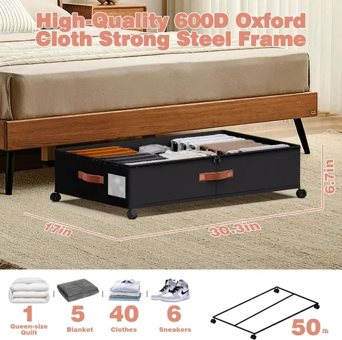 Vista 5 de Almacenamiento Debajo de la Cama con Ruedas - Contenedores Rodantes Debajo de la Cama con Tapa Transparente de PVC y Divisores, Tela Oxford 600D