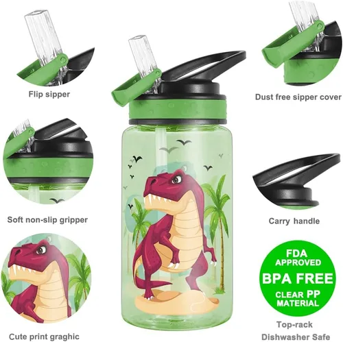 Vista 3 de Botella de agua de 15 onzas para niños, niñas, niños, escuela Dinosaurio