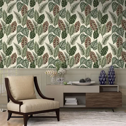 Vista 2 de VaryStyle Papel tapiz de hojas de palma tropicales de 17.7 x 118 pulgadas, color verde/beige, hojas de palmera botánicas, despegar y pegar, papel
