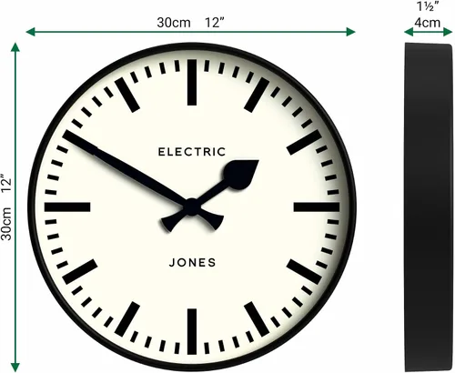 Vista 3 de JONES CLOCKS® Reloj de pared Tiger Reloj moderno de estación redonda 12 pulgadas Negro Aspecto de diseñador genial para cocina, sala