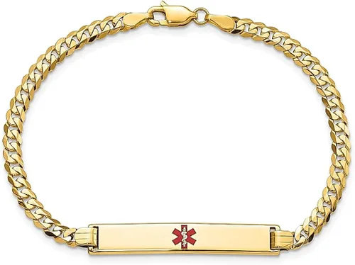 Vista 4 de 14k Yellow Gold Medical Alert Red Enamel Flat Curb Link Id Bracelet 8 Inch Fine Jewelry For Women Gifts For Her