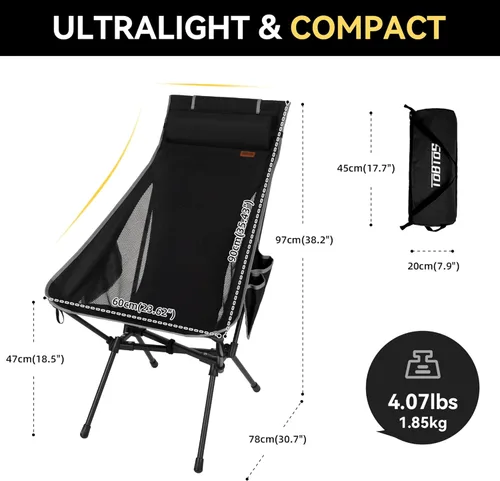 Vista 3 de TOBTOS Silla de camping portátil de respaldo alto, soporta 440 libras, silla plegable ultraligera con soporte para la cabeza, silla de mochilero