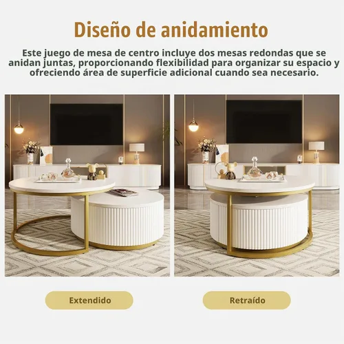 Vista 6 de Moderna mesa de centro redonda multifuncional acanalada con cajón mesa auxiliar para sala de estar, color blanco y dorado 27.5"d+23.5"d blanco y oro
