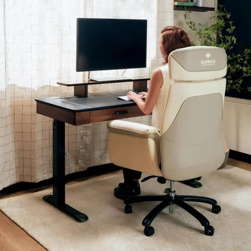 Vista 6 de EUREKA ERGONOMIC Escritorio eléctrico ajustable de cuero, escritorio ejecutivo de pie de 55 pulgadas de altura con cajones, estación de trabajo
