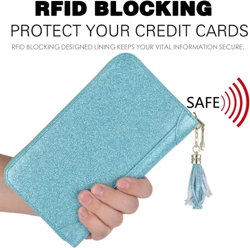 Vista 4 de Easyoulife - Monedero de cuero con cremallera, billetera portatarjetas para mujer, bloqueo RFID