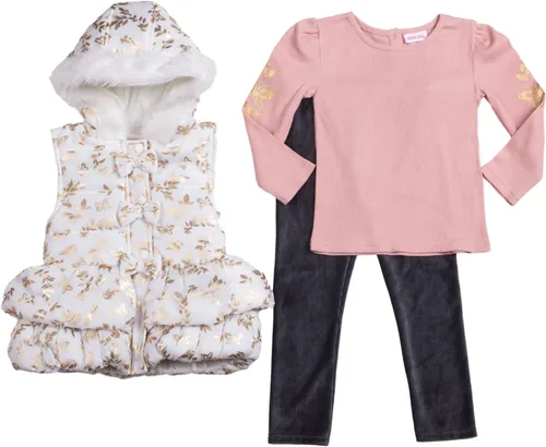 Vista 2 de Little Lass Conjunto de chaleco acolchado de 3 piezas para niñas pequeñas