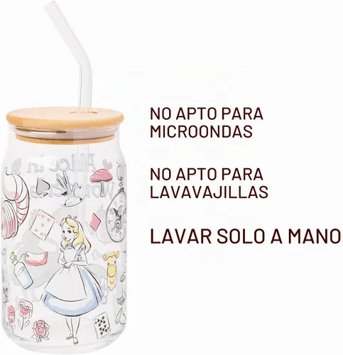 Vista 3 de Silver Buffalo Disney Alice in Wonderland Tarro de vidrio con tapa de bambú y pajita de vidrio, 16 onzas