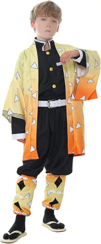 Vista 3 de Disfraz de cosplay amarillo, conjunto completo de kimono de anime, traje negro, conjunto completo de Halloween para niños, adultos, hombres y niños