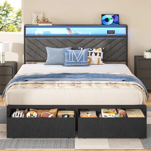 Vista 10 de HISOFT Twin Bed Frame with Charging Station, LED Lights & 2 Storage Drawers, Black Platform Bed with Upholstered Headboard, Under-Bed Storage, No
